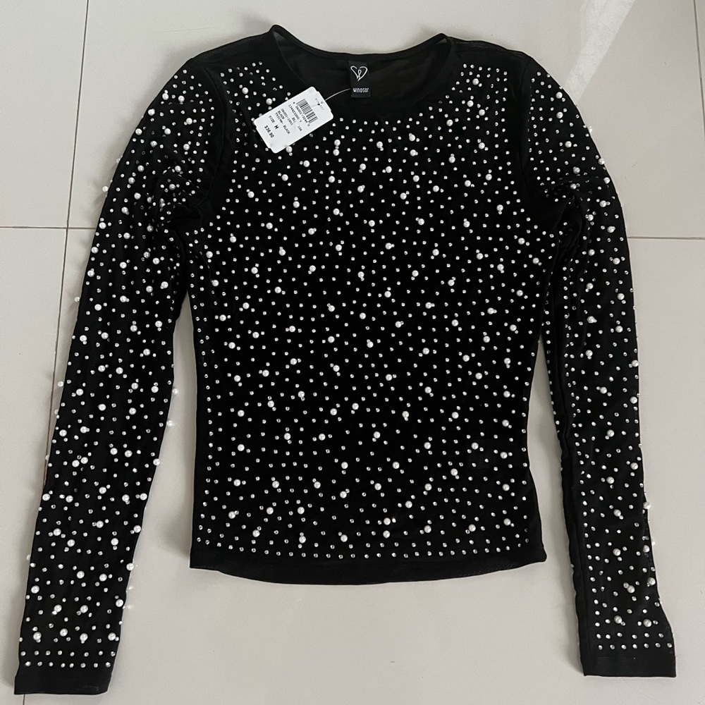 Sexy sheer black windsor see througth shimmer rhinestone beaded shirt top medium